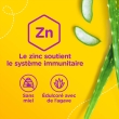 Des feuilles d’agave sur fond jaune avec les mentions « Le zinc soutient le système immunitaire », « Sans miel » et « Édulcoré avec de l’agave ». 