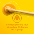 Du miel sur une surface jaune avec la mention « Le miel apaise la toux et l’irritation de la gorge ». 