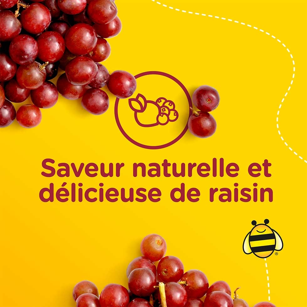 Des raisins sur une surface jaune avec la mention « Saveur naturelle et délicieuse de raisin ». 